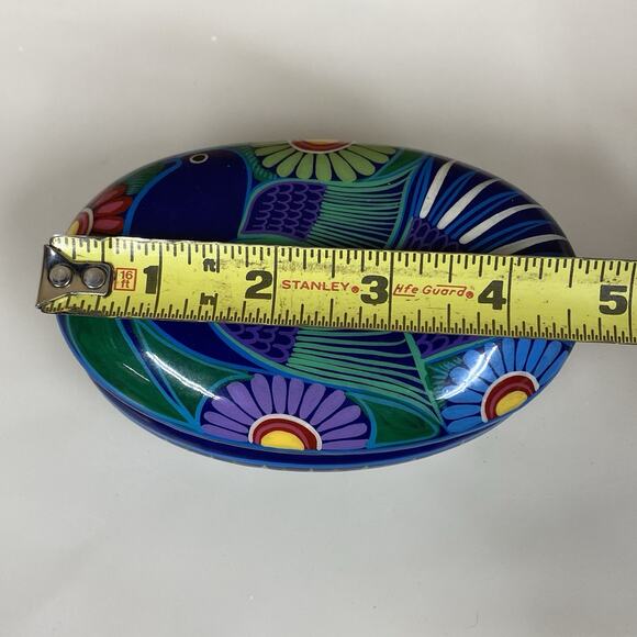 Mexican Folk Art Pottery Oval Trinket Box Hand Painted Blue Bird Flowers - Picture 7 of 10